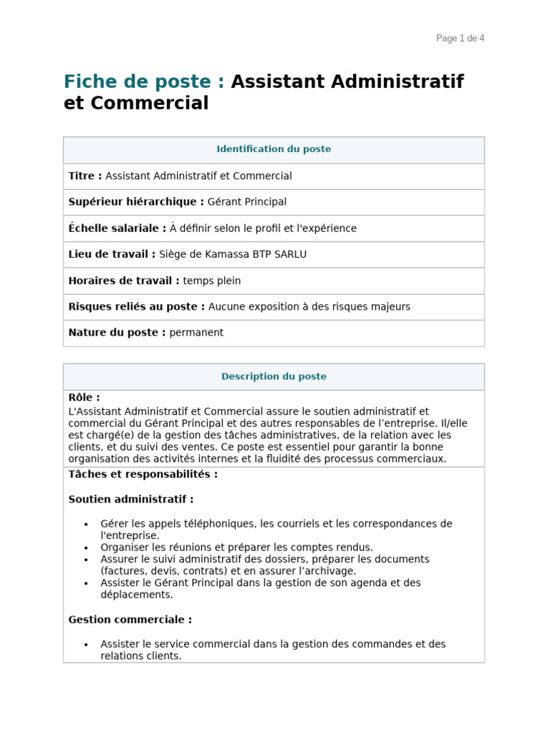 Fiche de Poste : Assistant Administratif | PDF | Secrétaire | Business