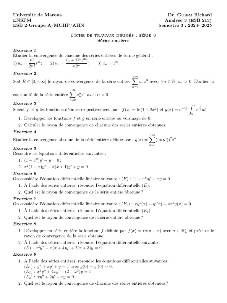 TD Analyse 3 Série 3 (24-25) | PDF | Série entière | Limite (mathématiques)
