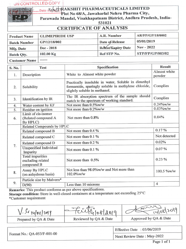 Glimepiride USP D90 10 Mi-1 - 47593 | PDF