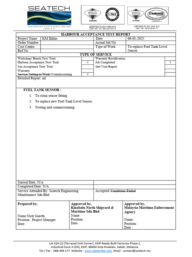 Harbour Acceptance Test Report: Fuel Sensor | PDF