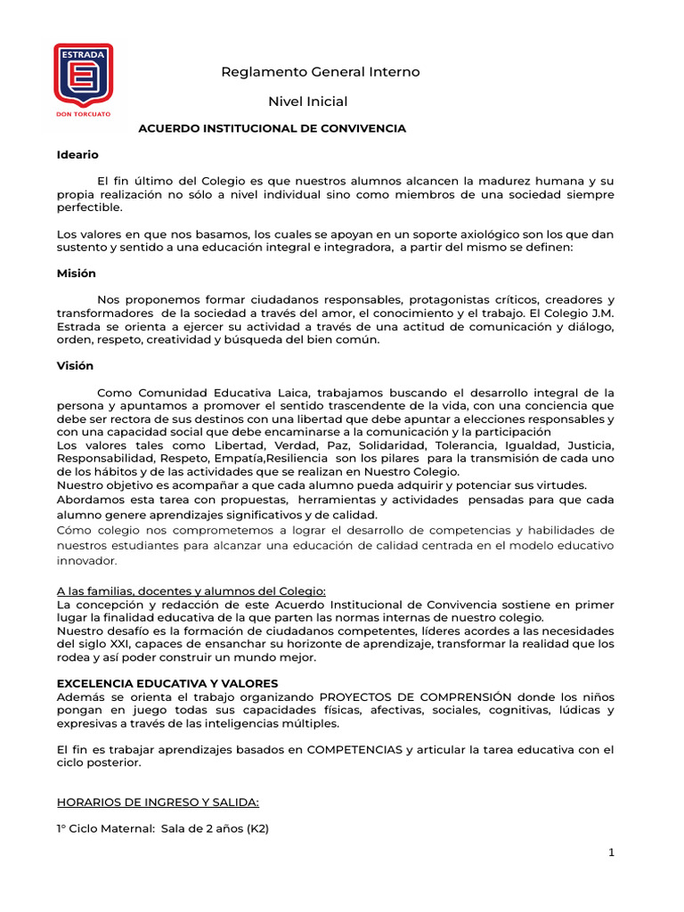 Reglamento de Convivencia Escolar Infantil | PDF | Educación de la ...