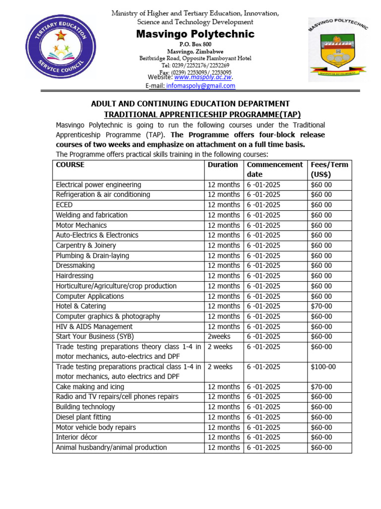 Masvingo Polytechnic 2025 Course Offerings | PDF