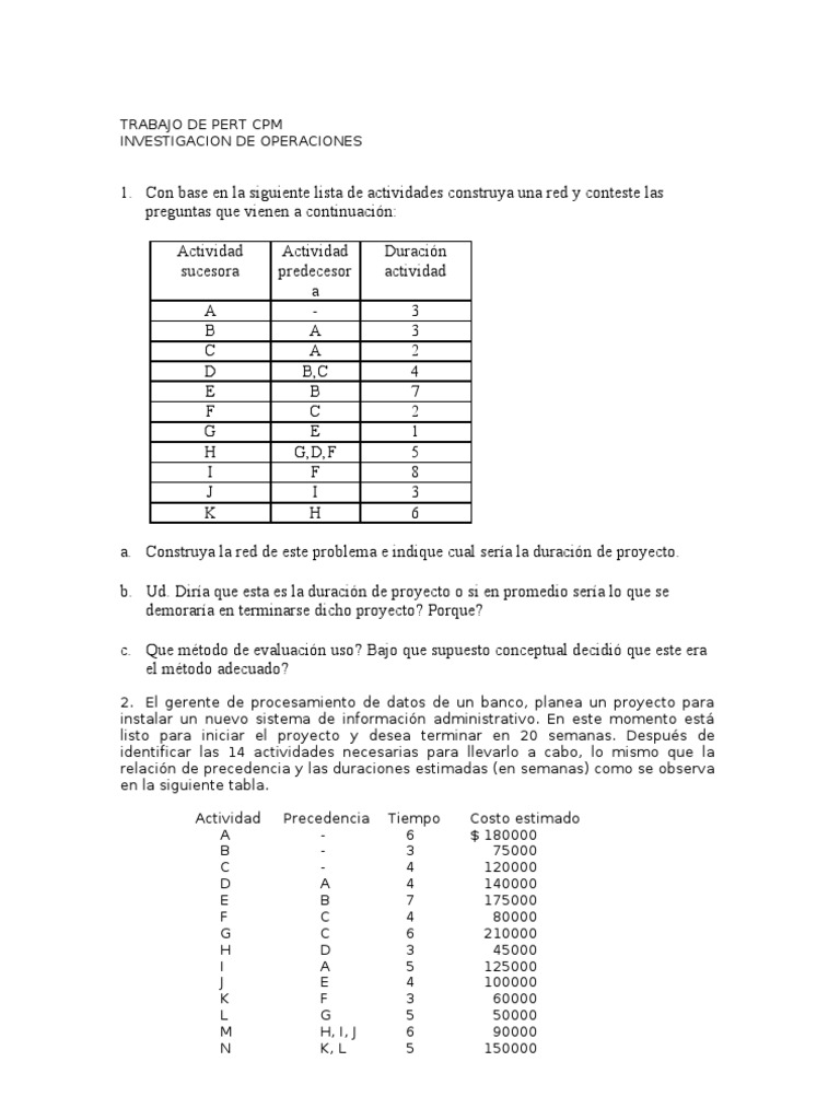 Ejercicios de Pert CPM | PDF | Informática | Informática y tecnología ...