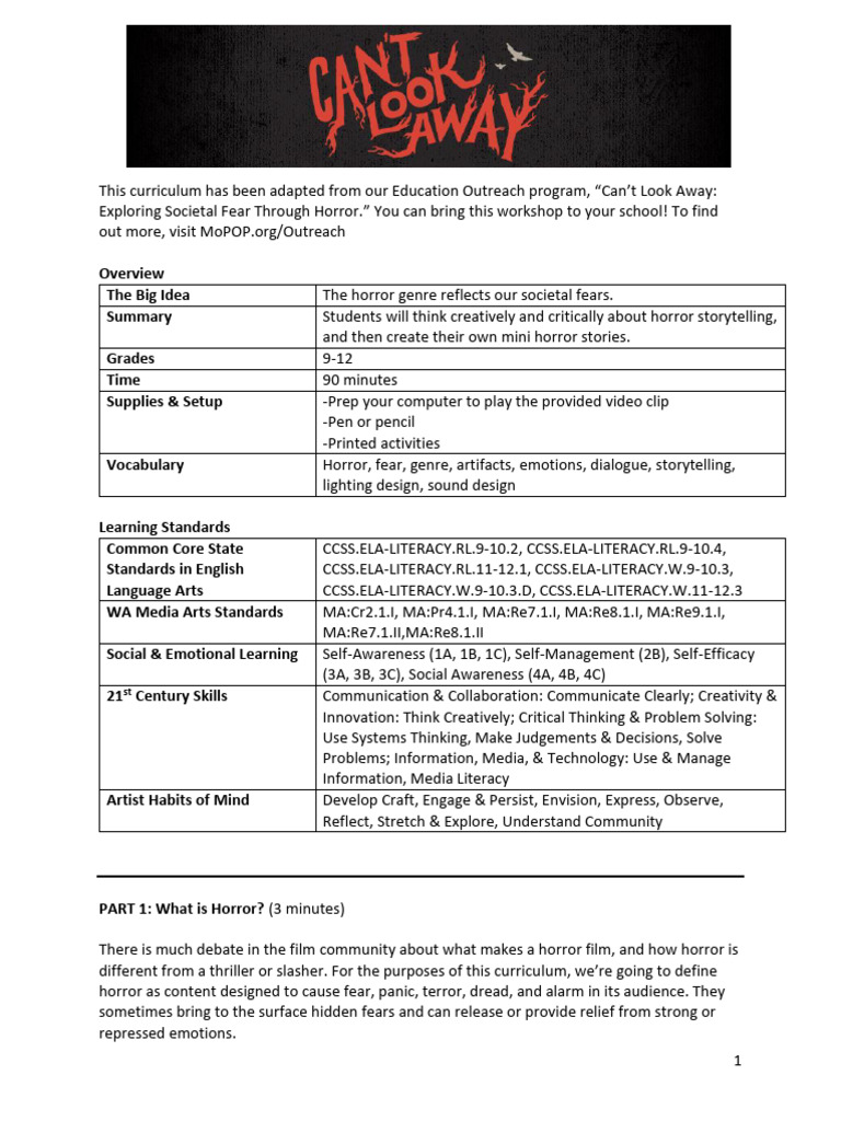 Cant Look Away Activity PDF Horror Films Fear