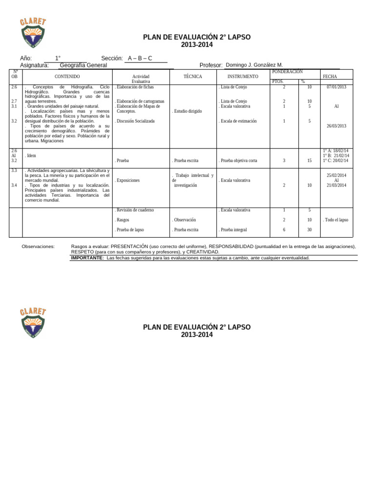 GEOGRAFIA GENERAL 1o Plan de Evaluacion II. Lapso 2013-2014 CLARET | PDF