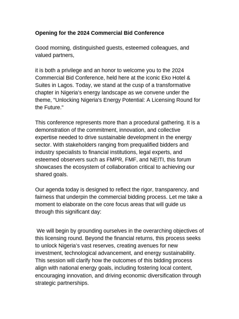 2024 Commercial Bid Conference Speech | PDF | Innovation | Nigeria