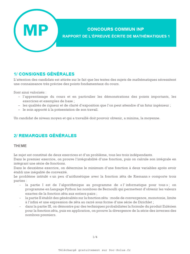 Rapport Épreuve Écrite Mathématiques INP | PDF | Mathématiques | Intégral