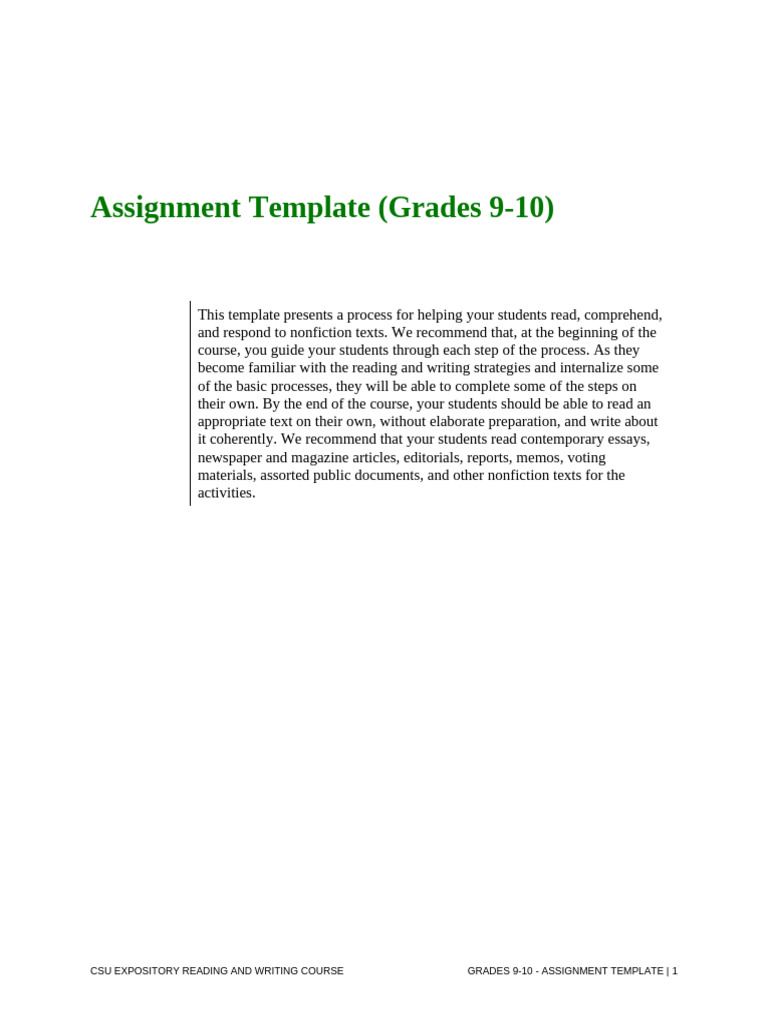 Assignment Template Grades 9 10 Standards | PDF | Reading Comprehension ...