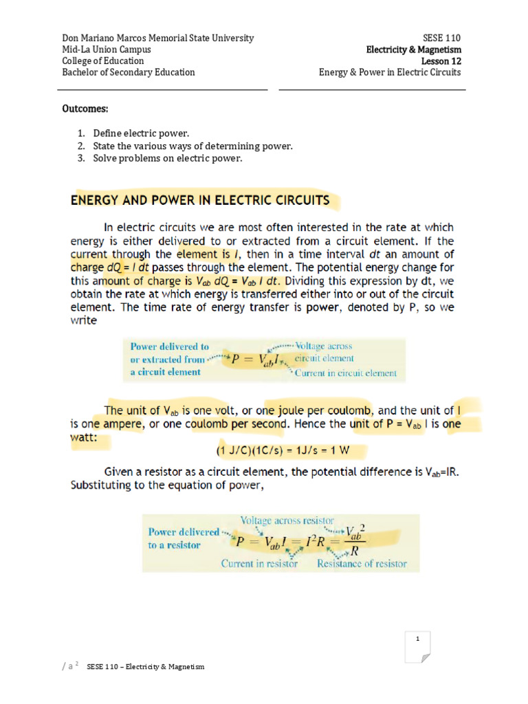Energy & Power in Electric Circuits | PDF | Electricity | Electric Power