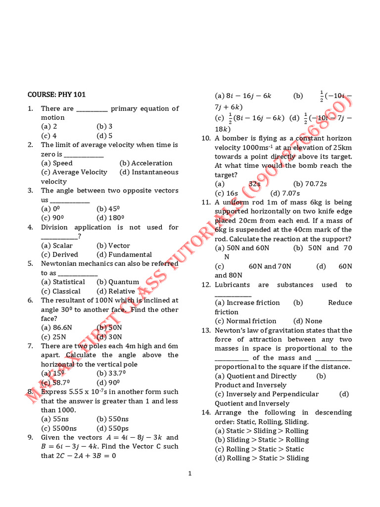 PHY 101 Mock Test Questions | PDF | Force | Newton's Law Of Universal ...