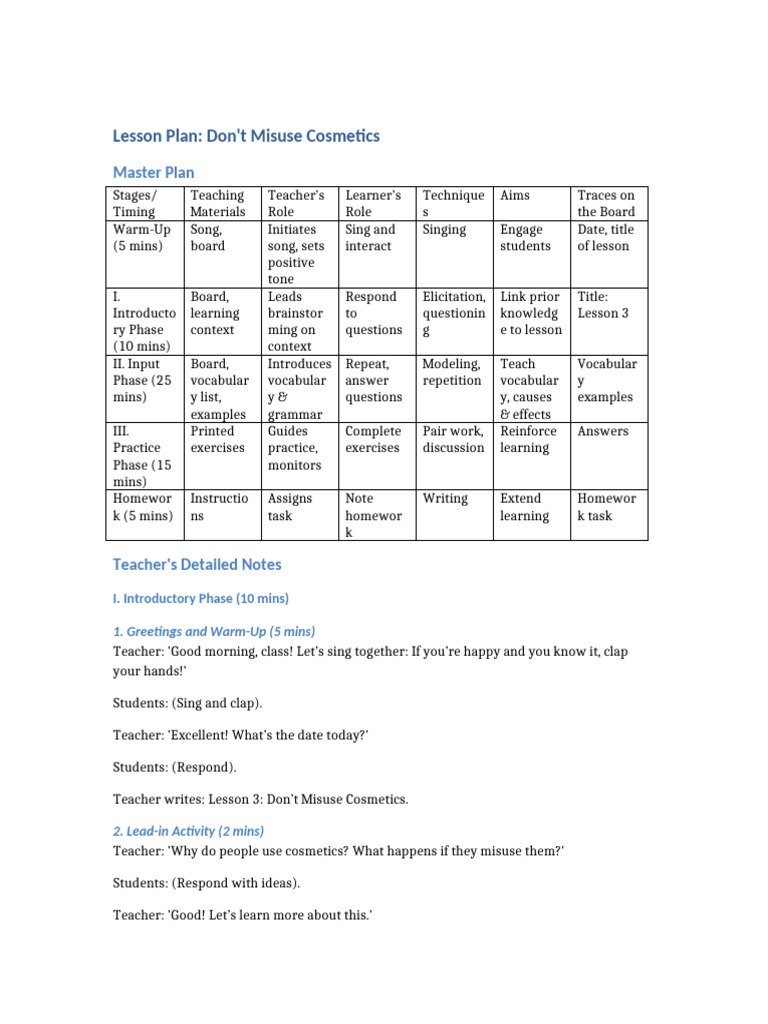 Lesson Plan Dont Misuse Cosmetics | PDF | Learning | Lesson Plan