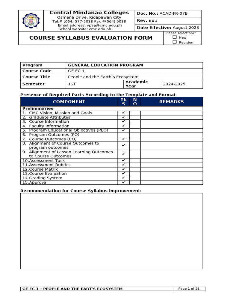 People and Earth's Ecosystem Course Syllabus | PDF | Pedagogy | Teacher ...