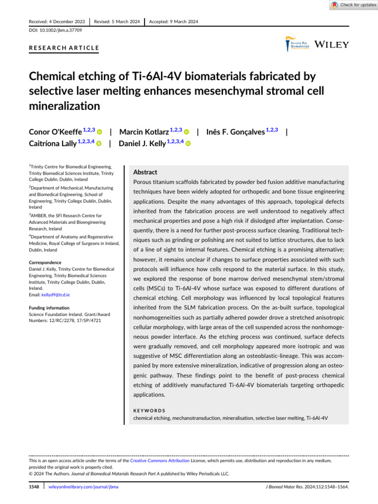J Biomedical Materials Res - 2024 - O'Keeffe - Chemical Etching of Ti ...