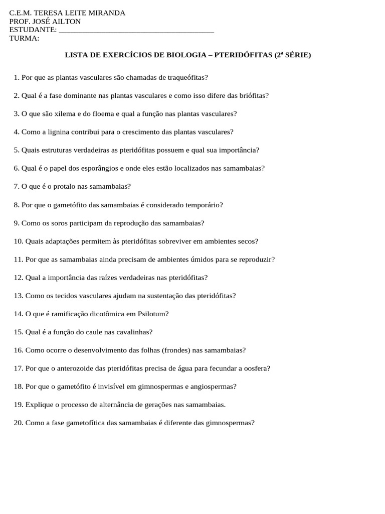 Exercícios de Biologia: Pteridófitas | PDF