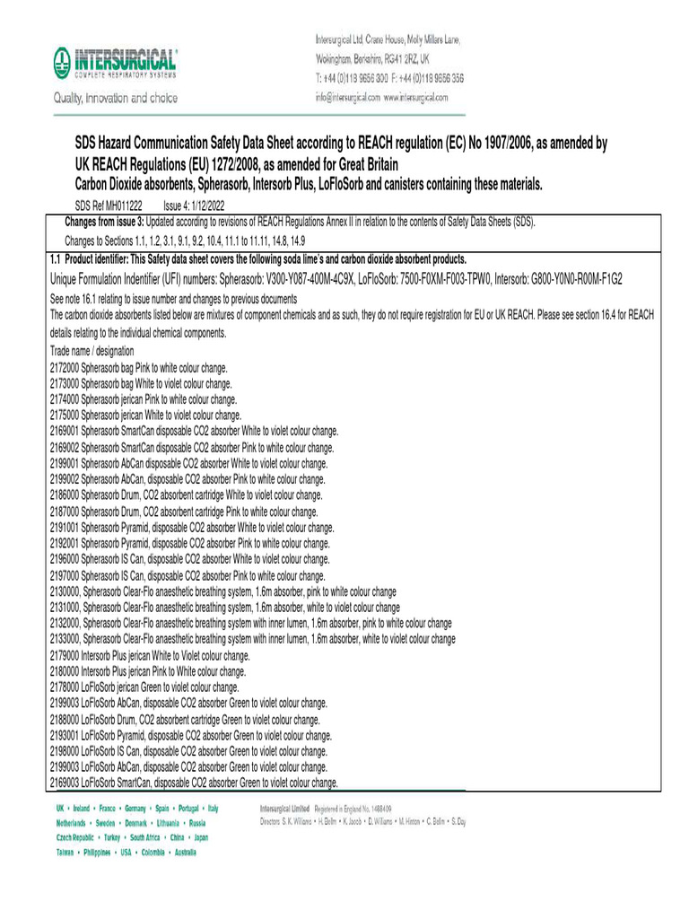 Combined MSDS for CO2 Absorbents | PDF | Carbon Dioxide | Toxicity