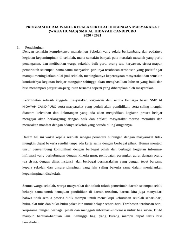 Program Kerja Waka Humas SMK Al Hidayah | PDF