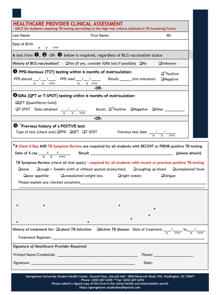 Georgetown TB Testing Form for Students | PDF | Tuberculosis | Medicine