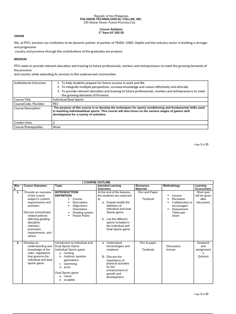 Individual and Dual Sports Syllabus | PDF | Sports | Learning