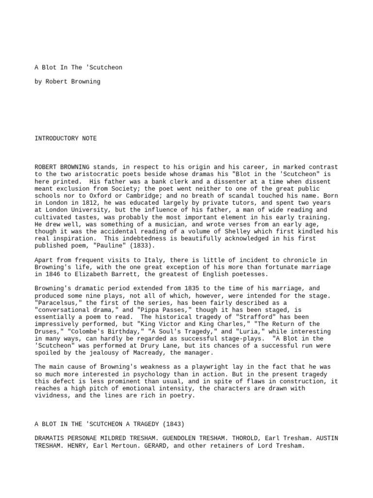 A Blot in the 'Scutcheon Overview | PDF | Robert Browning