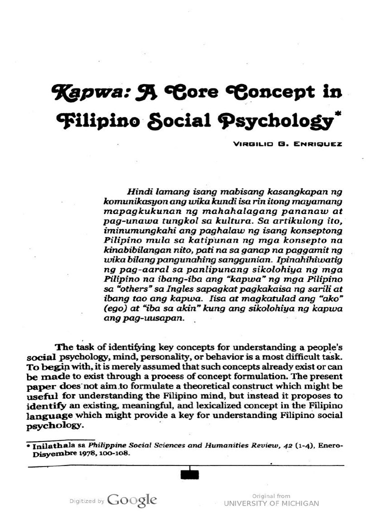 Kapwa-A Core Concept in Filipino Social Psychology | PDF