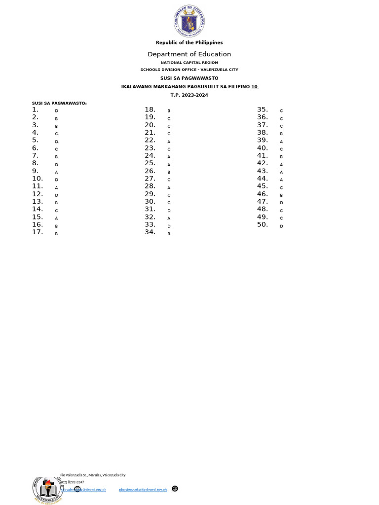 Filipino 10 q2 Answer Key Sy 23 24 | PDF