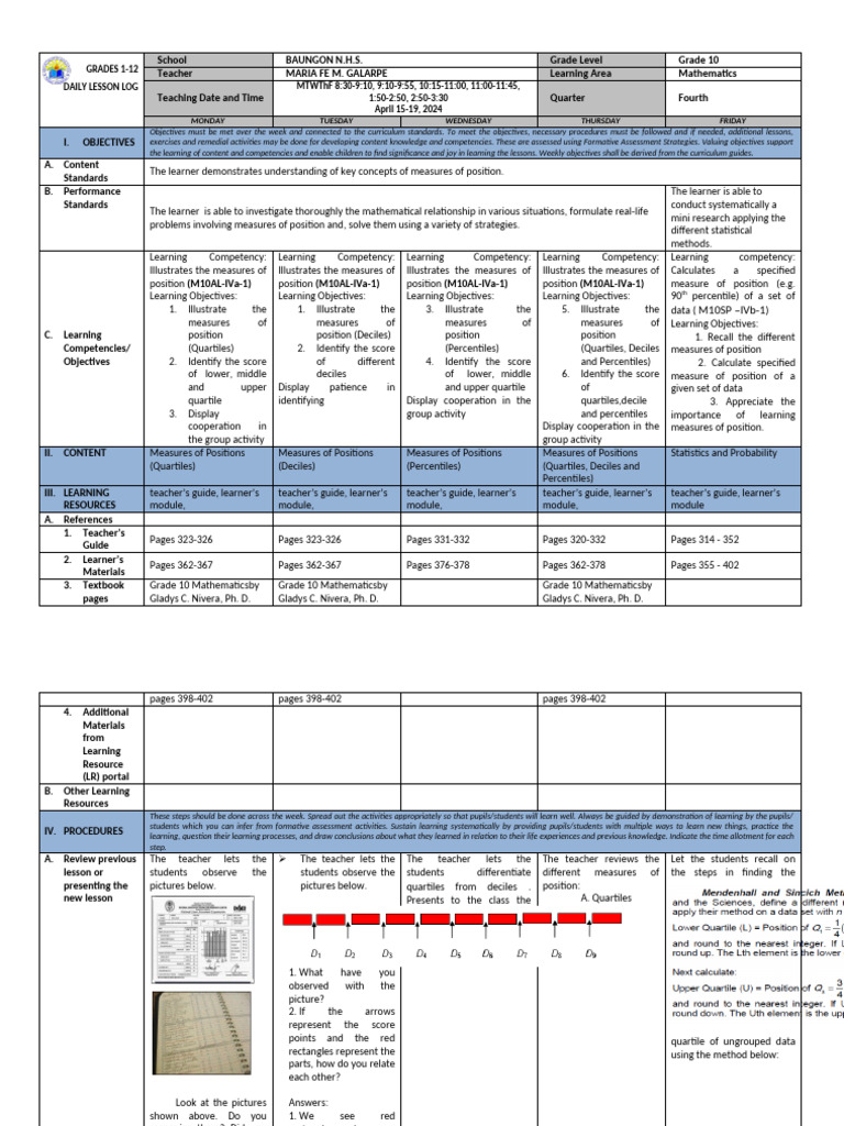 Grade 10 Math Lesson Plan: Measures of Position | PDF | Learning ...