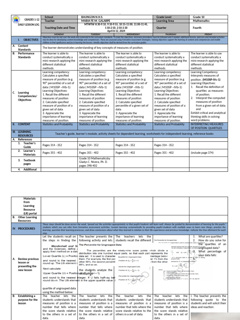 Grade 10 Math Lesson Plan: Quartiles | PDF | Learning | Percentile