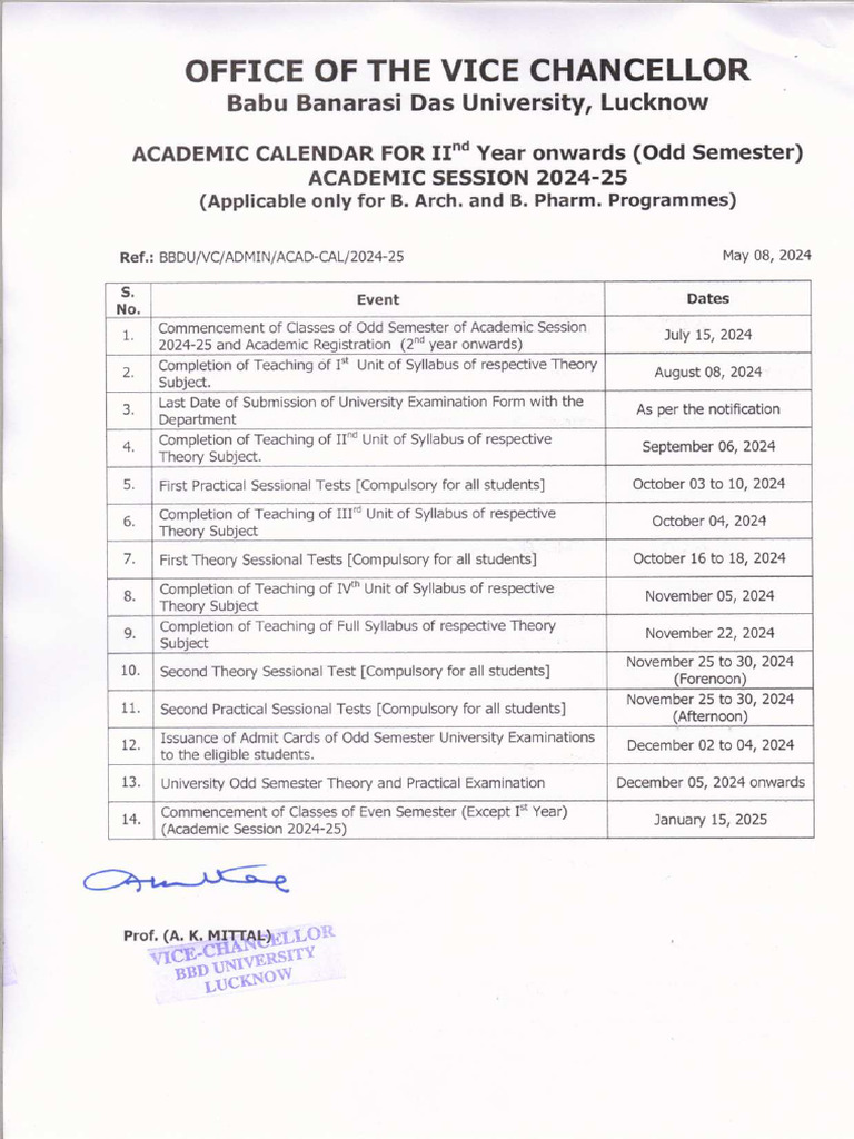 Academic Calenders of 2nd Year Onwards For Session 2024 25 of Odd ...