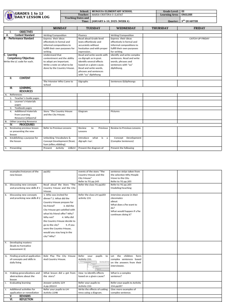 Grade 3 English Daily Lesson Log | PDF | Behavior Modification ...