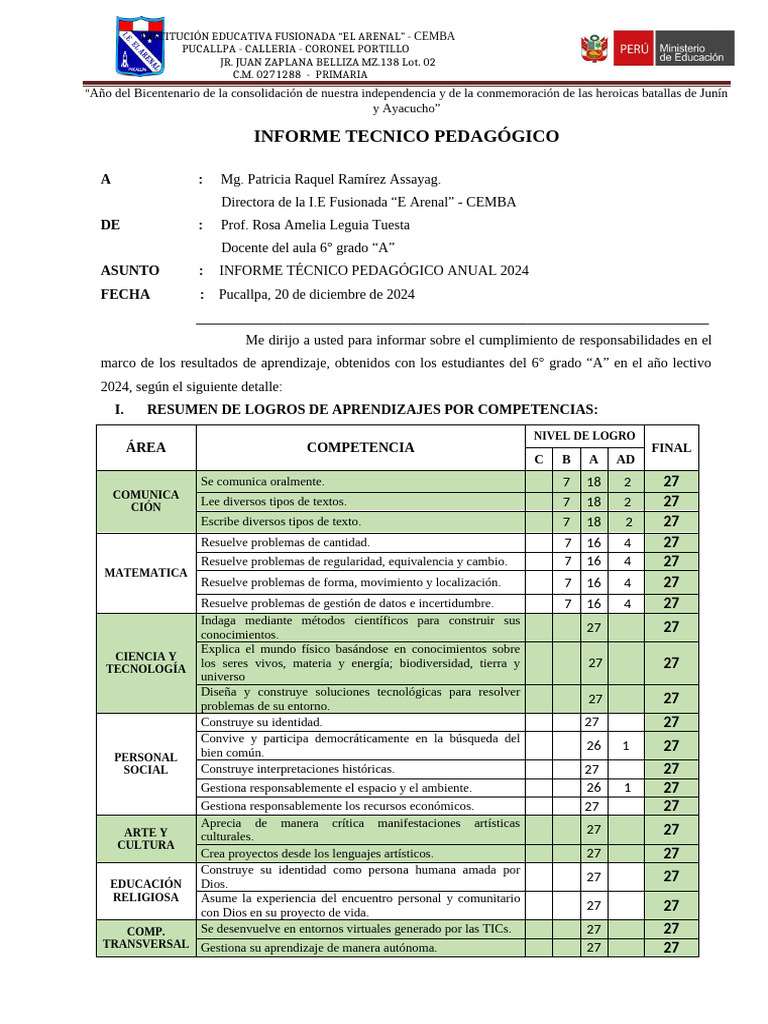 Informe Pedagógico Anual 2024 | PDF | Evaluación | Salón de clases