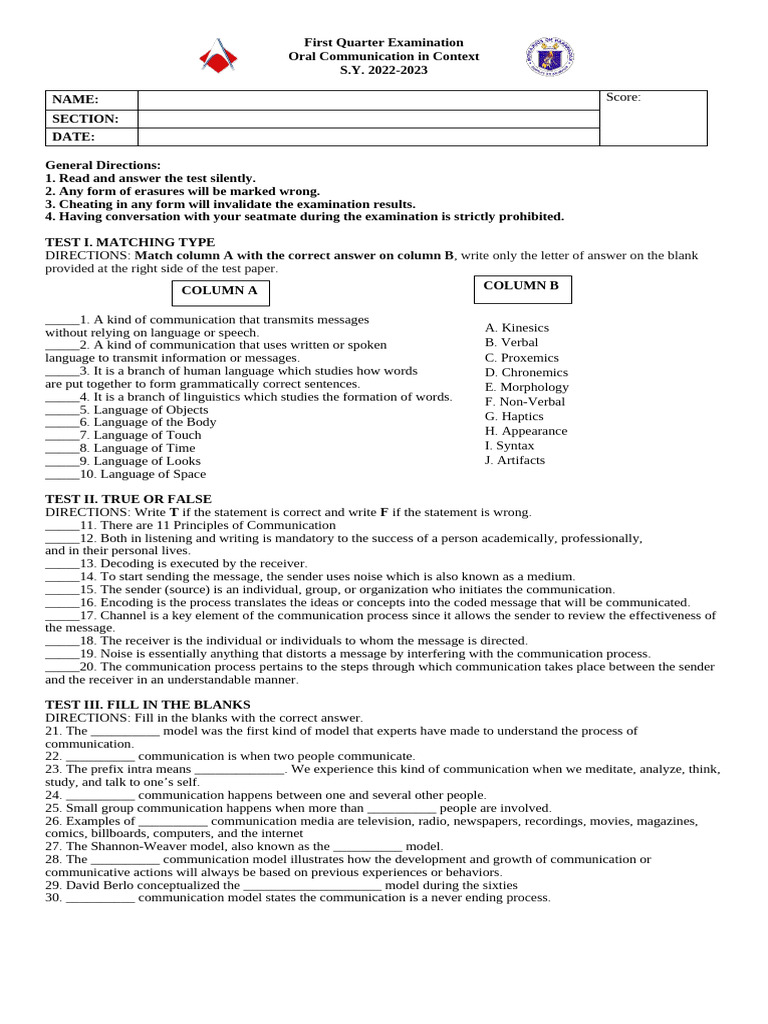 Oral Communication Exam Q1 2022-2023 | PDF | Communication | Human ...