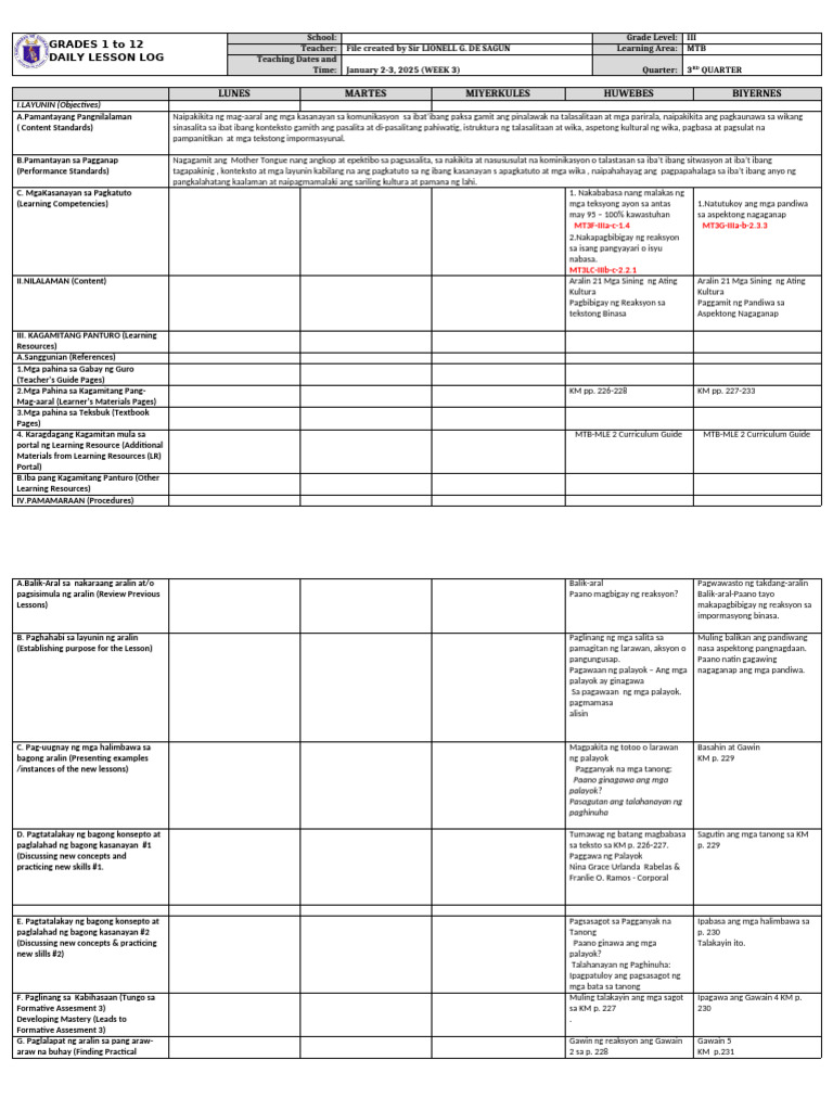 DLL - MTB 3 - Q3 - W3 | PDF