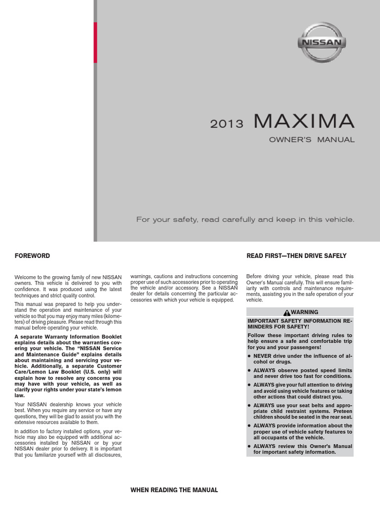 2013 Nissan Maxima Owner Manual | PDF | Seat Belt | Airbag