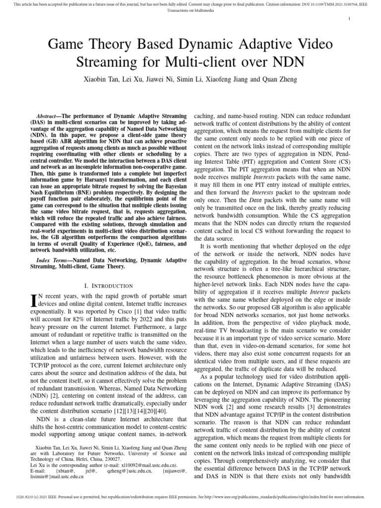 2021 - Game Theory Based Dynamic Adaptive Video | PDF | Computer ...