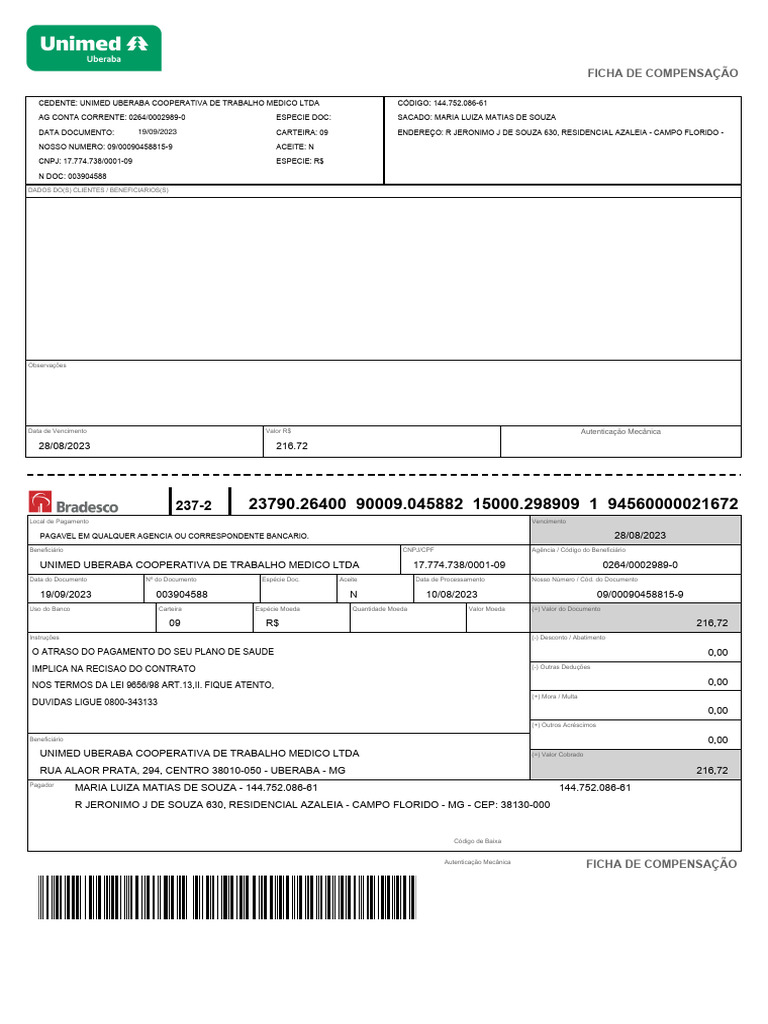 Ficha de Compensação Unimed Uberaba | PDF | Bancos | Indústrias de serviços