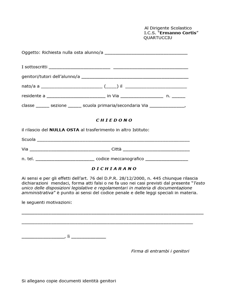 Richiesta Nulla Osta | PDF
