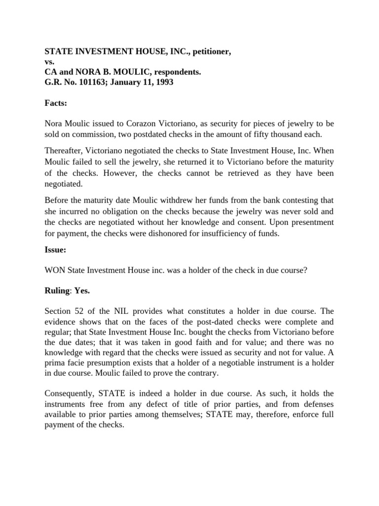 Holder in Due Course Ruling: State vs. Moulic | PDF | Negotiable ...