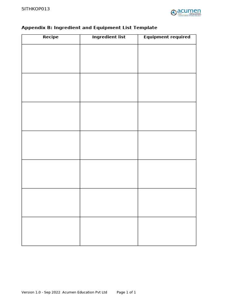 Ingredient and Equipment List Template | PDF