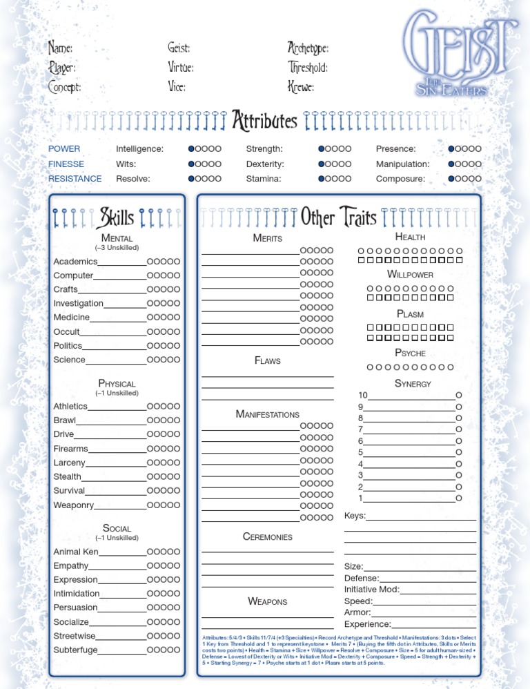 Geist The SinEaters Sheet PDF