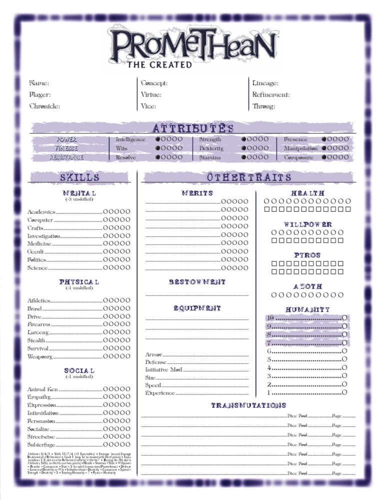 Promethean Character Attributes Guide | PDF