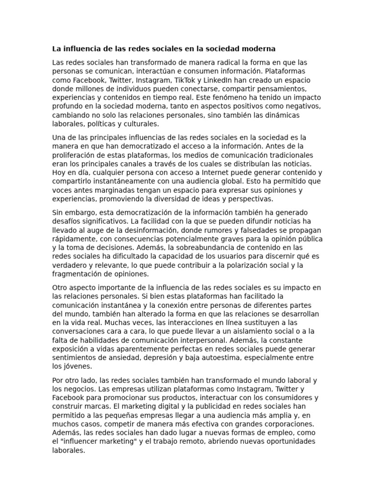 La Influencia de Las Redes Sociales en La Sociedad Moderna | PDF ...