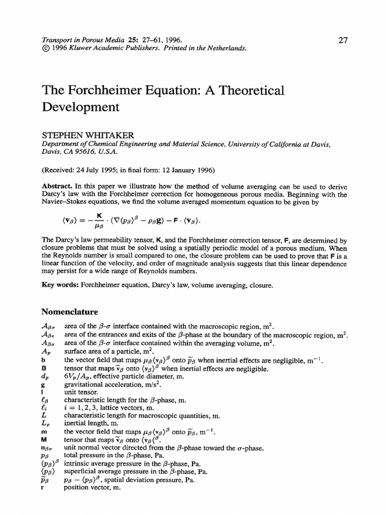 Forchheimer Equation Development in Porous Media | PDF | Physics ...