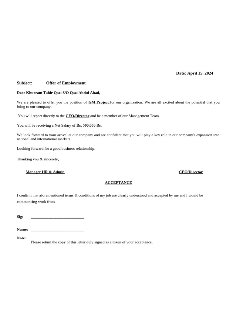 Employment Offer Letters Overview | PDF