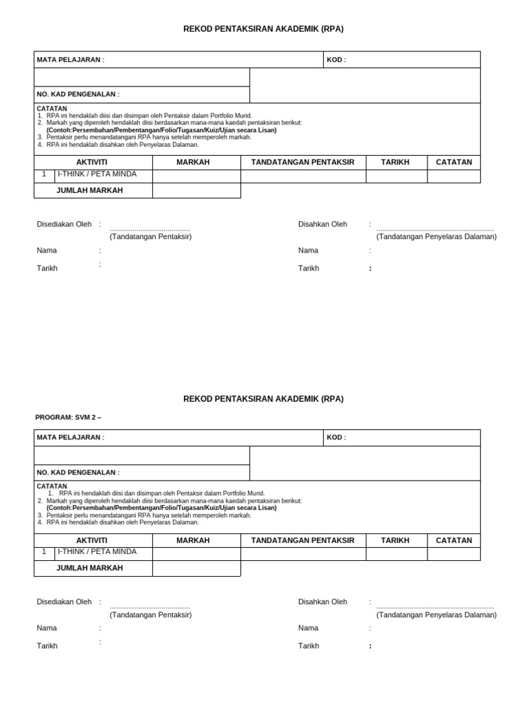 Rekod Pentaksiran Akademik RPA | PDF