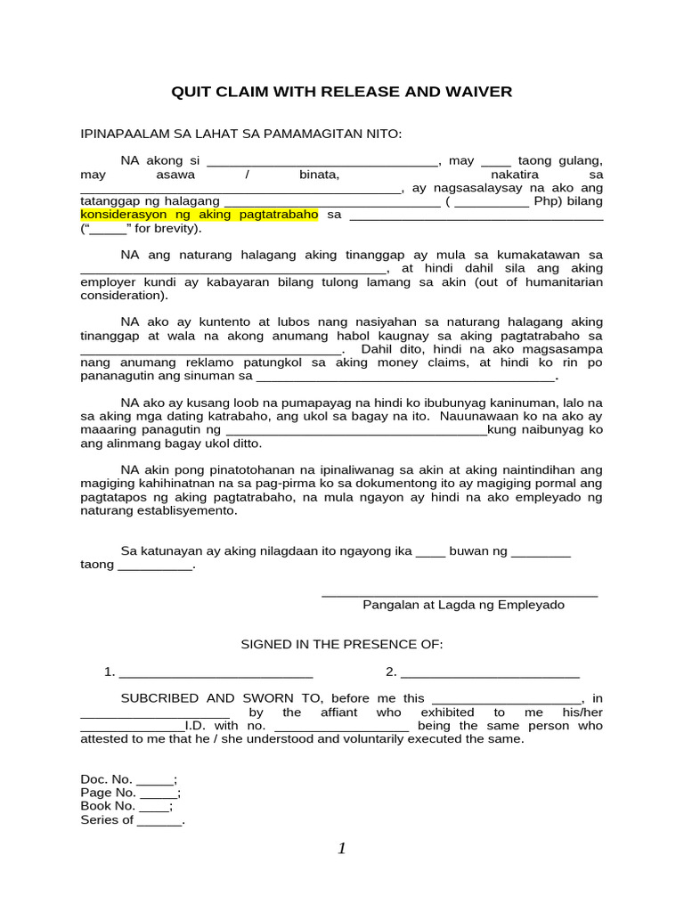 Quitclaim - Release - (Tagalog Draft) | PDF
