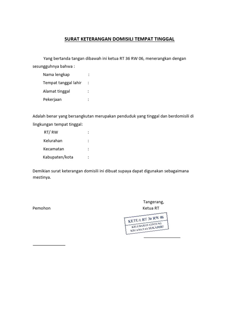 Contoh Surat Keterangan Domisili RT | PDF