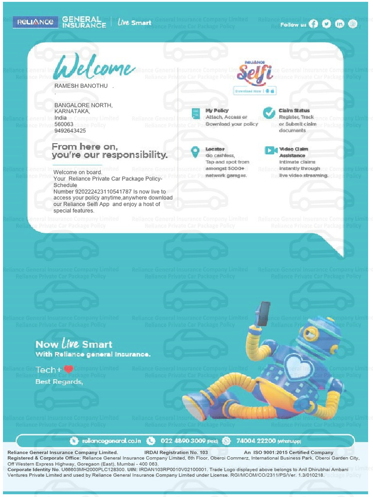 Reliance Car Insurance Policy Details | PDF | Insurance | Deductible