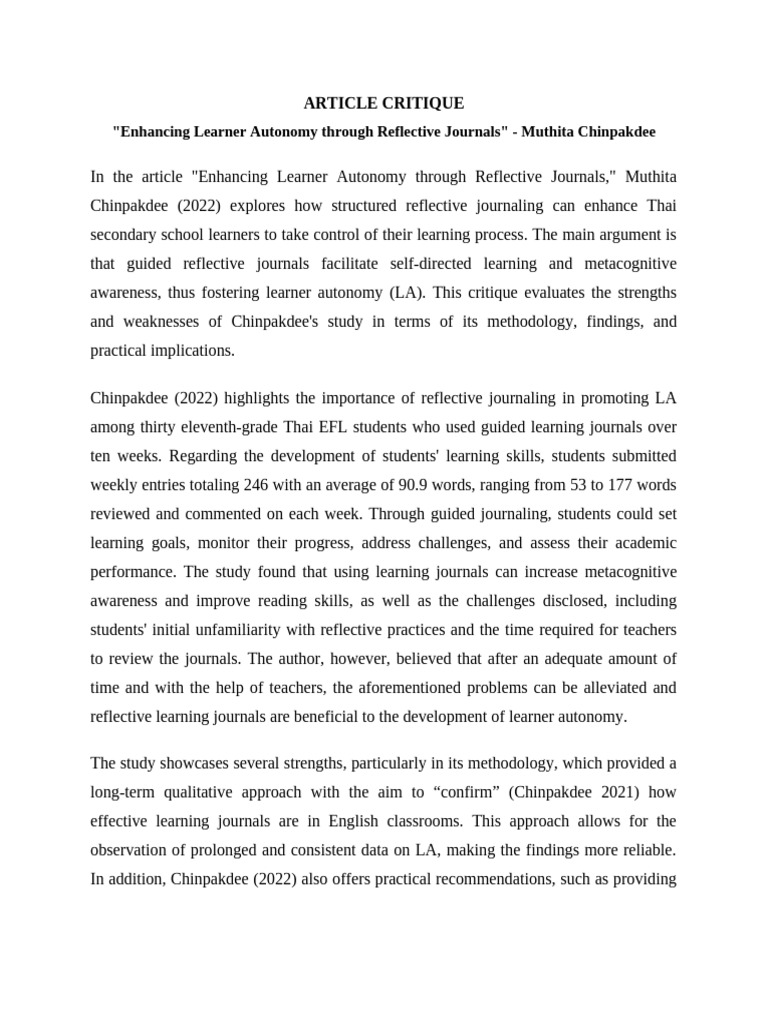 ARTICLE CRITIQUE | PDF | Learning | Reflective Practice