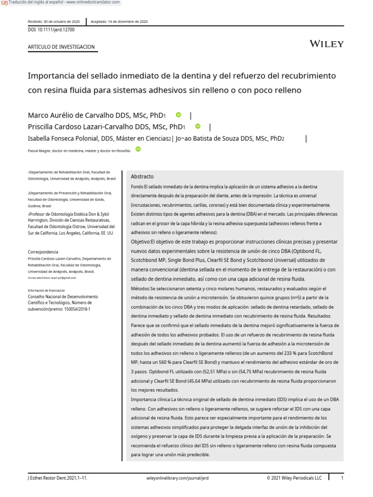 Sellado Inmediato de Dentina y Resina Fluida | PDF | Polimetacrilato de ...