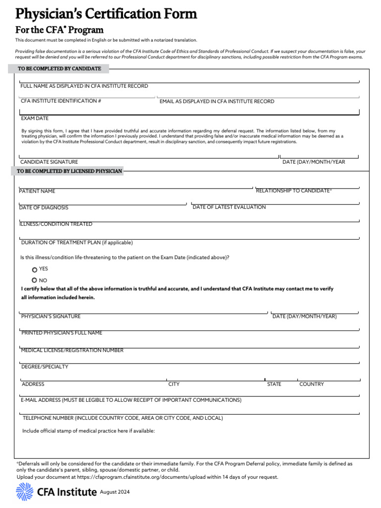 CFA Physician Certification Form | PDF | Physician | Diseases And Disorders
